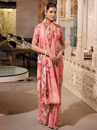 Impressive Orange Georgette Printed Casual Wear Saree - Ethnic Plus In